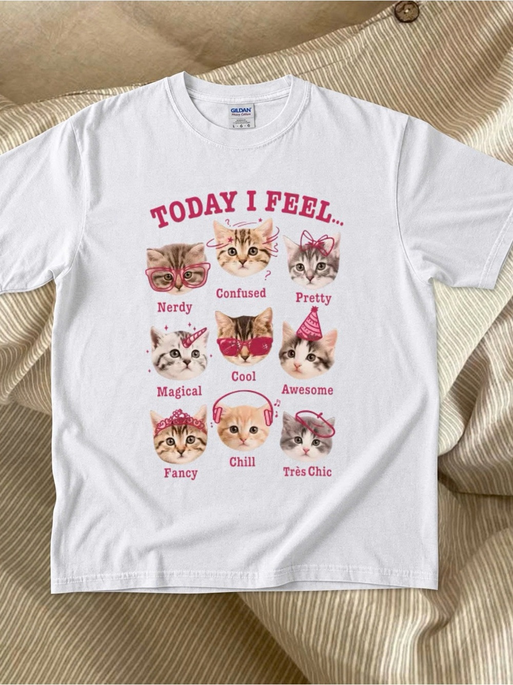 Gildan White Short Sleeve Tee with Pink Cat Faces Graphic